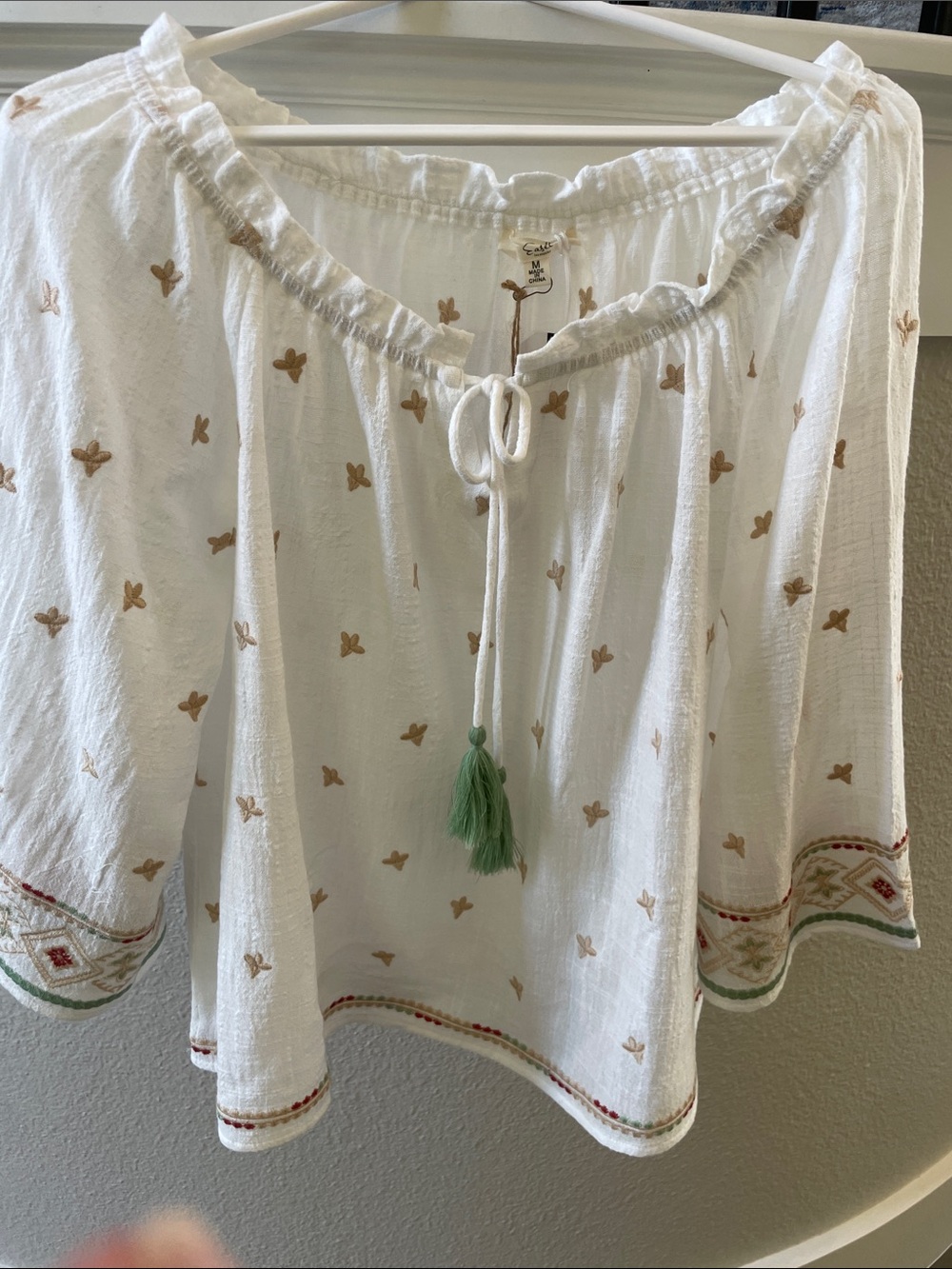 Easel White Embroidered Peasant Top with Green Tassel